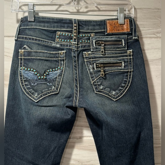 Robin's Jean Denim - ROBIN'S MOTORCYCLE Wings Accent Stitch Studded Bootcut Jeans Size 25